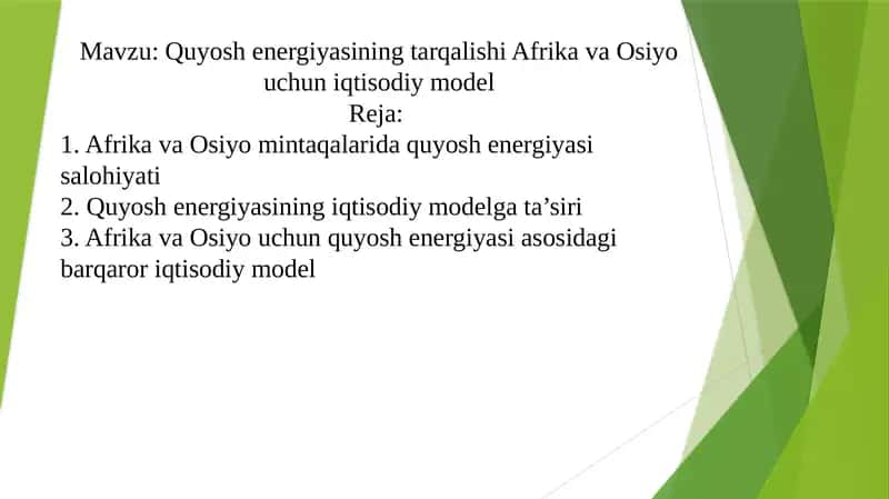 Quyosh energiyasining tarqalishi Afrika va Osiyo uchun iqtisodiy model 1