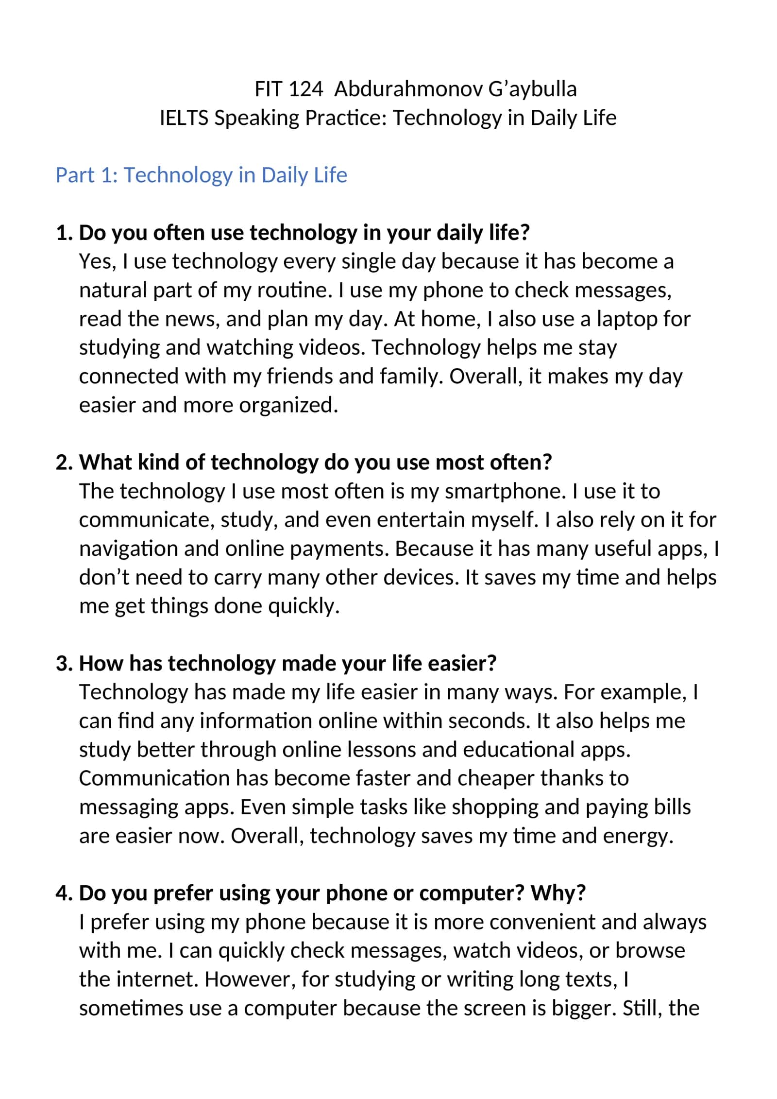 IELTS Speaking Practice: Technology in Daily Life 1
