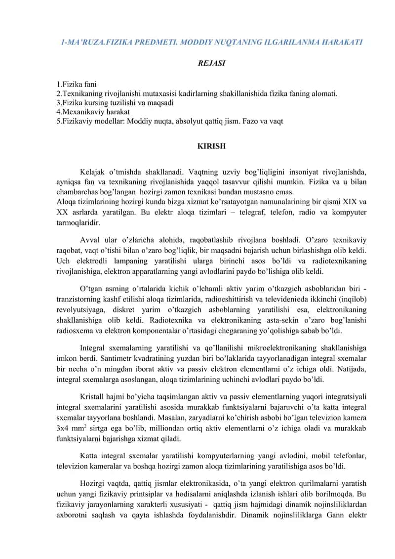 Fizika Predmeti. Moddiy Nuqtaning Ilgarilma Harakati Rejasi 1