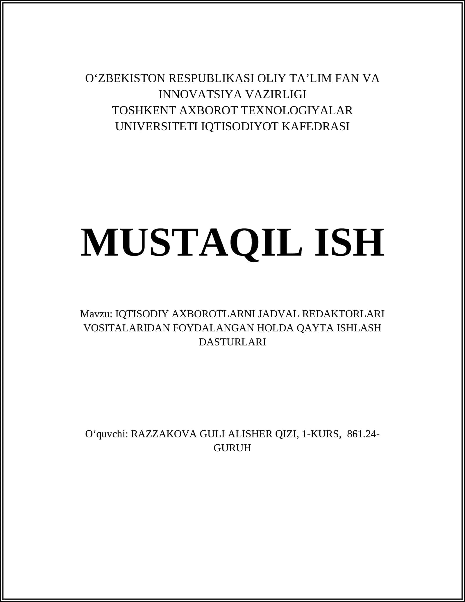 IQTISODIY AXBOROTLARNI JADVAL REDAKTORLARI VOSITALARIDAN FOYDALANGAN HOLDA QAYTA ISHLASH DASTURLARI 1