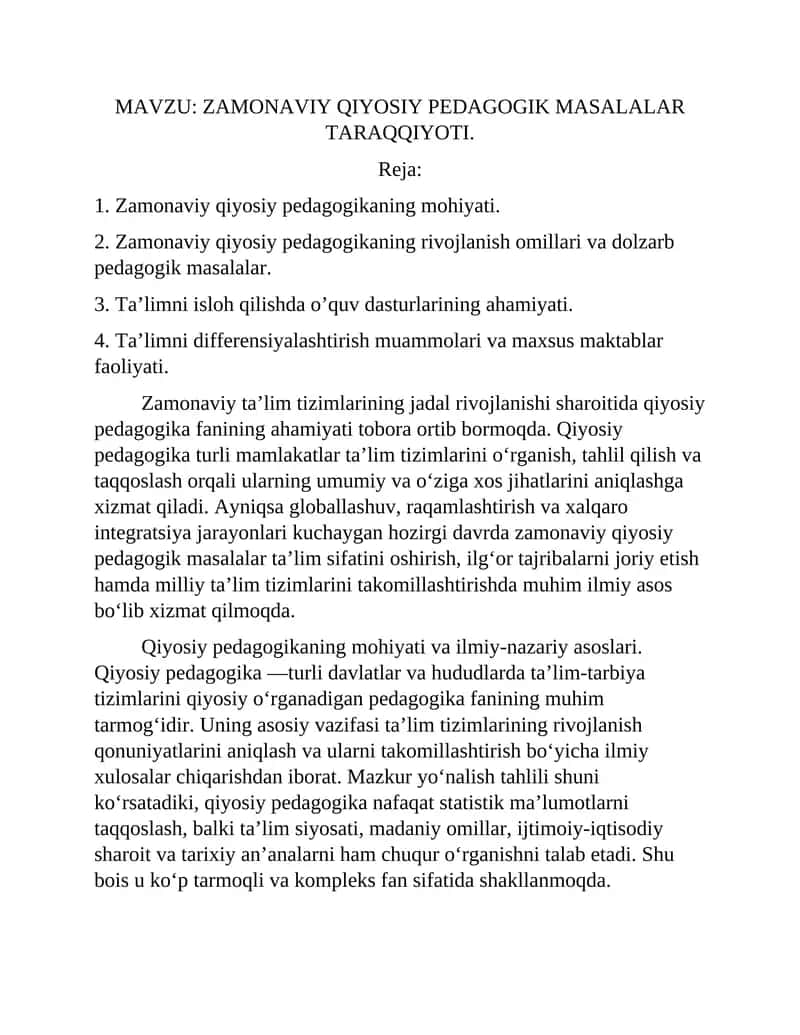 Komparativistik pedagogika. ZAMONAVIY QIYOSIY PEDAGOGIK MASALALAR TARAQQIYOTI. 1