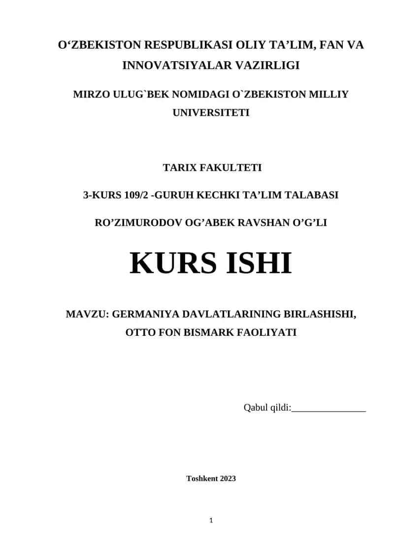 GERMANIYA DAVLATLARINING BIRLASHISHI, OTTO FON BISMARK FAOLIYATI 1