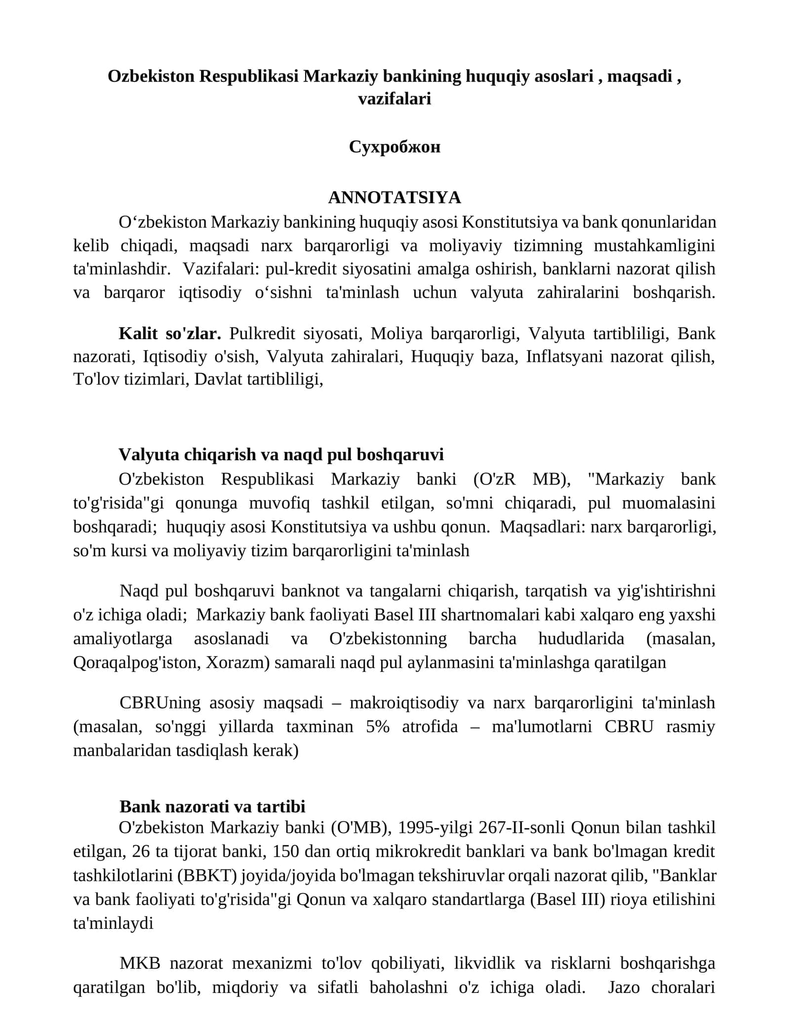 O'zbekiston Respublikasi Markaziy bankining huquqiy asoslari, maqsadi, vazifalari 1