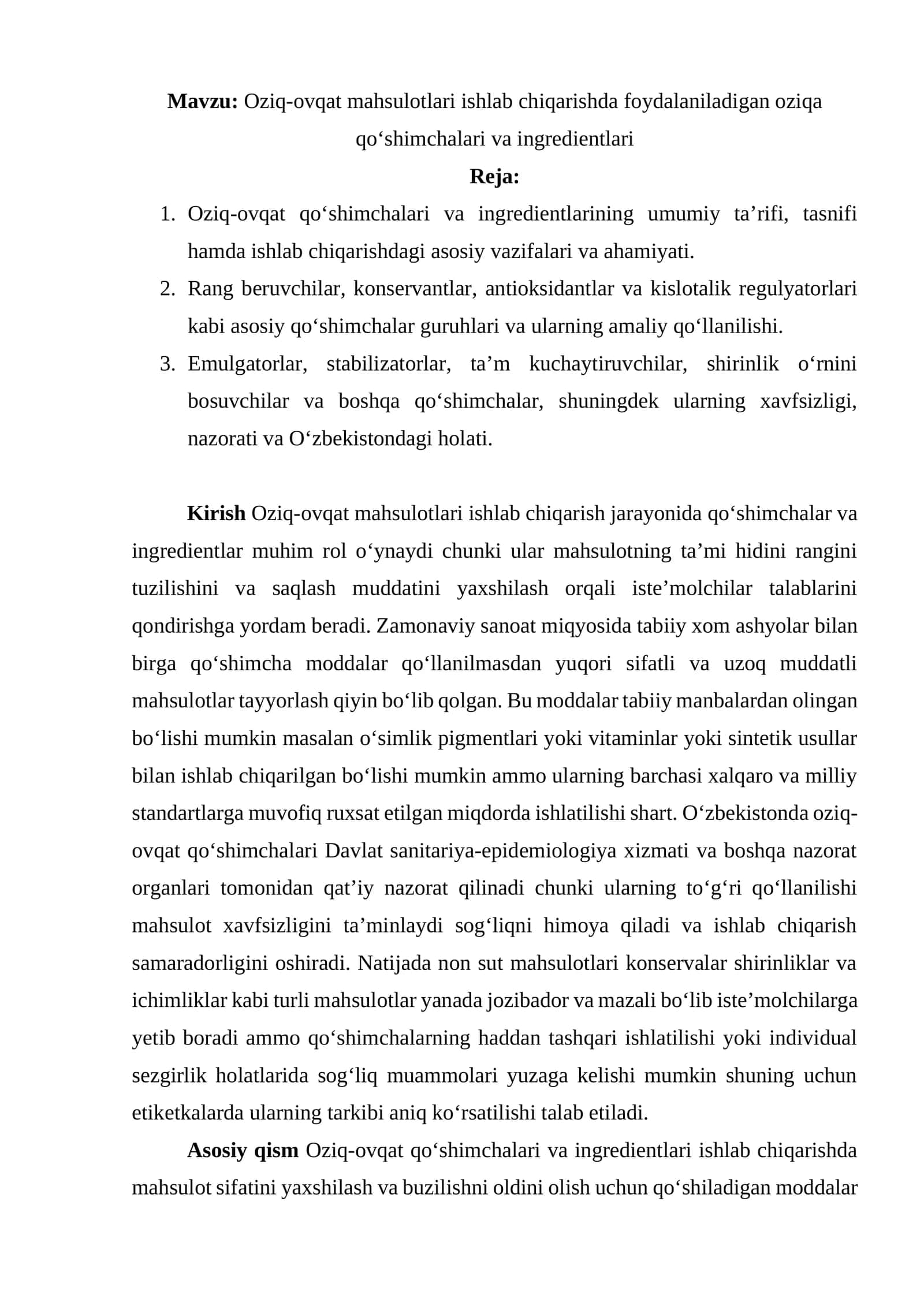 Oziq-ovqat mahsulotlari ishlab chiqarishda foydalaniladigan oziqa qo‘shimchalari va ingredientlari 1