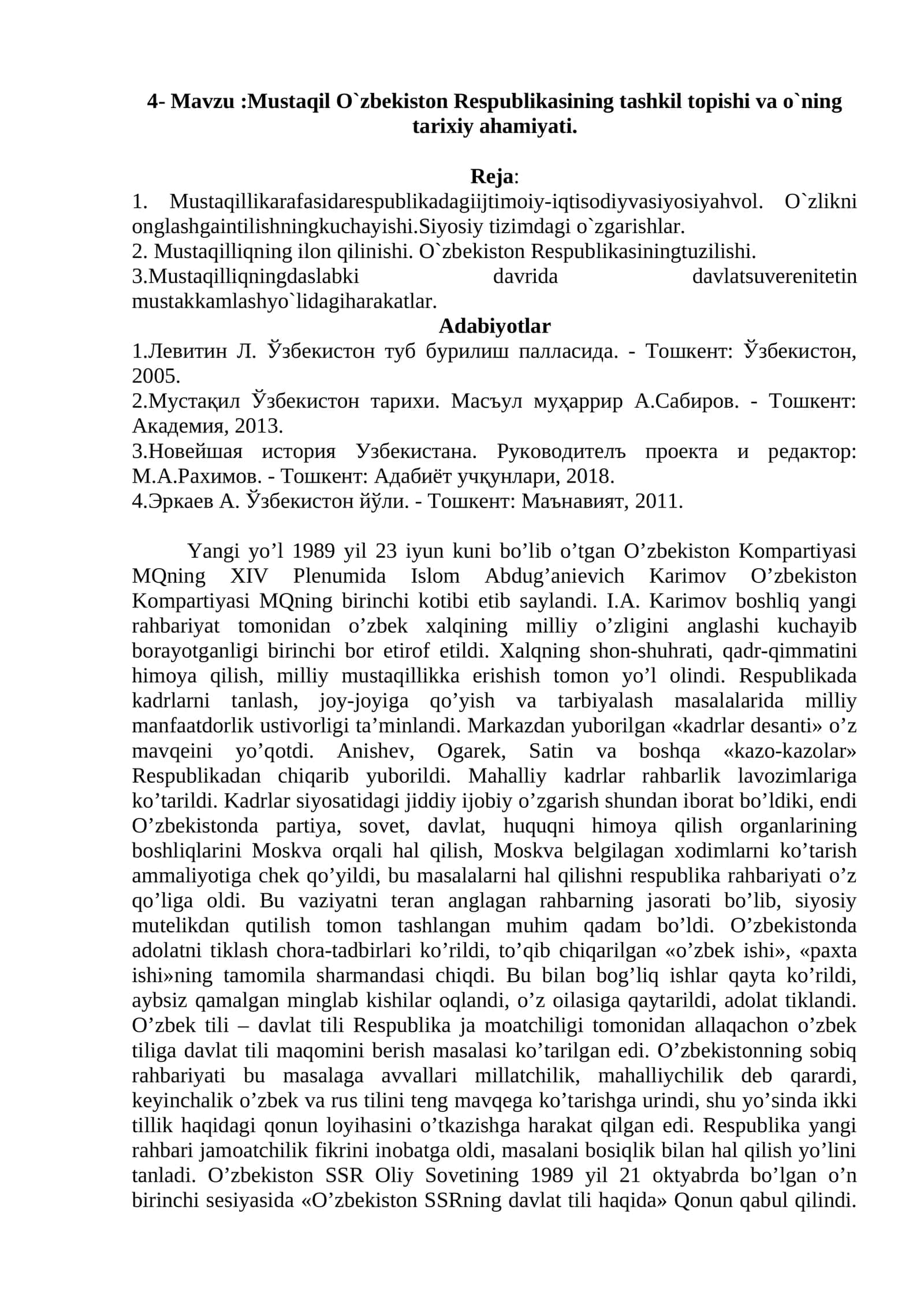 Mustaqil O`zbekiston Respublikasining tashkil topishi va o`ning tarixiy ahamiyati. 1