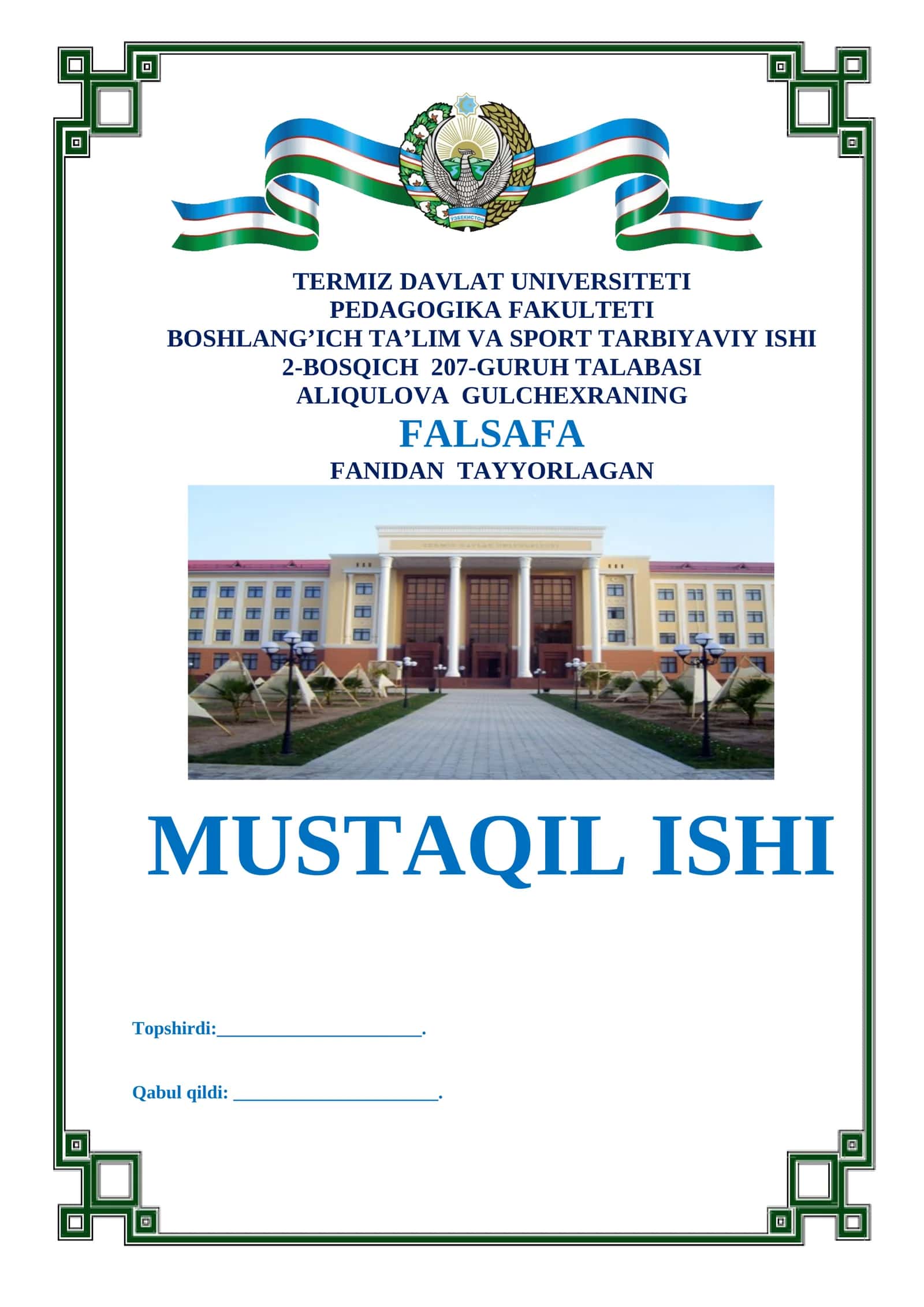 FALSAFA FANIDAN TAYYORLAGAN MUSTAQIL ISHI 1