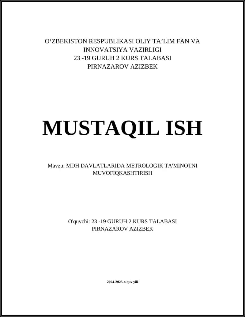 MDH Davlatlarida Metrologik Ta'minotni Muvofiqkashtirish 1