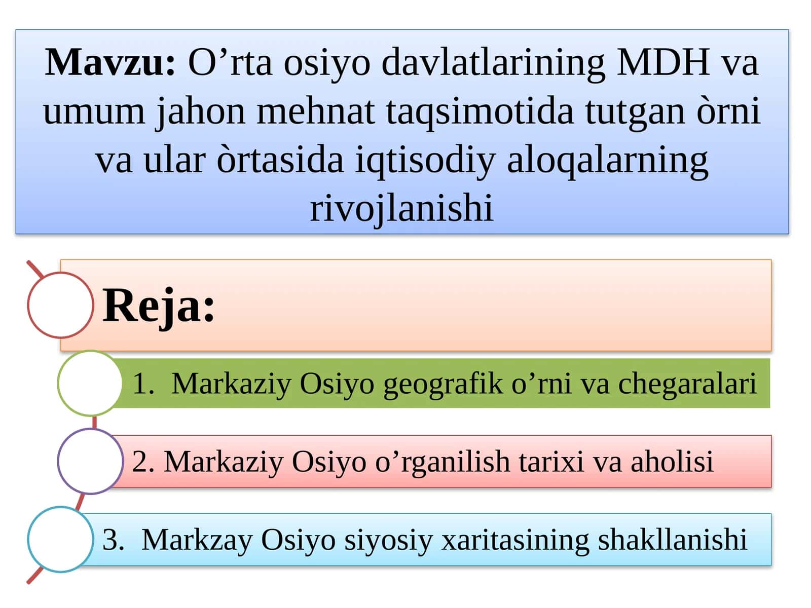 O’rta osiyodavlatlarining MDH va umumiy jahon mehnati taqsimoti 1