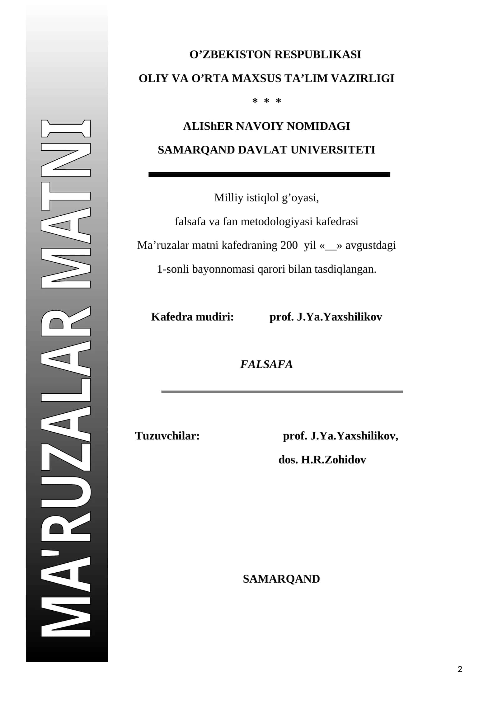 1-mavzu: Falsafaning baxs mavzulari, jamiyatdagi o’rni va asosiy vazifalari 1