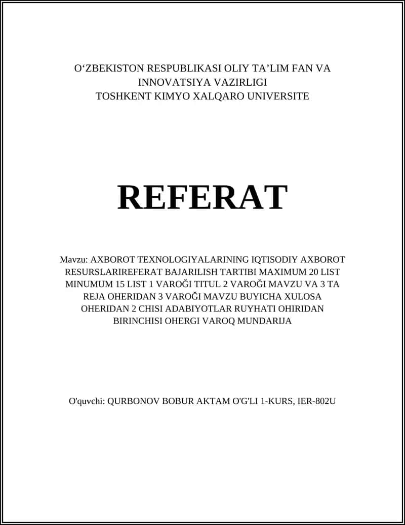 AXBOROT TEXNOLOGIYALARINING IQTISODIY AXBOROT RESURSLARI REFERAT 1