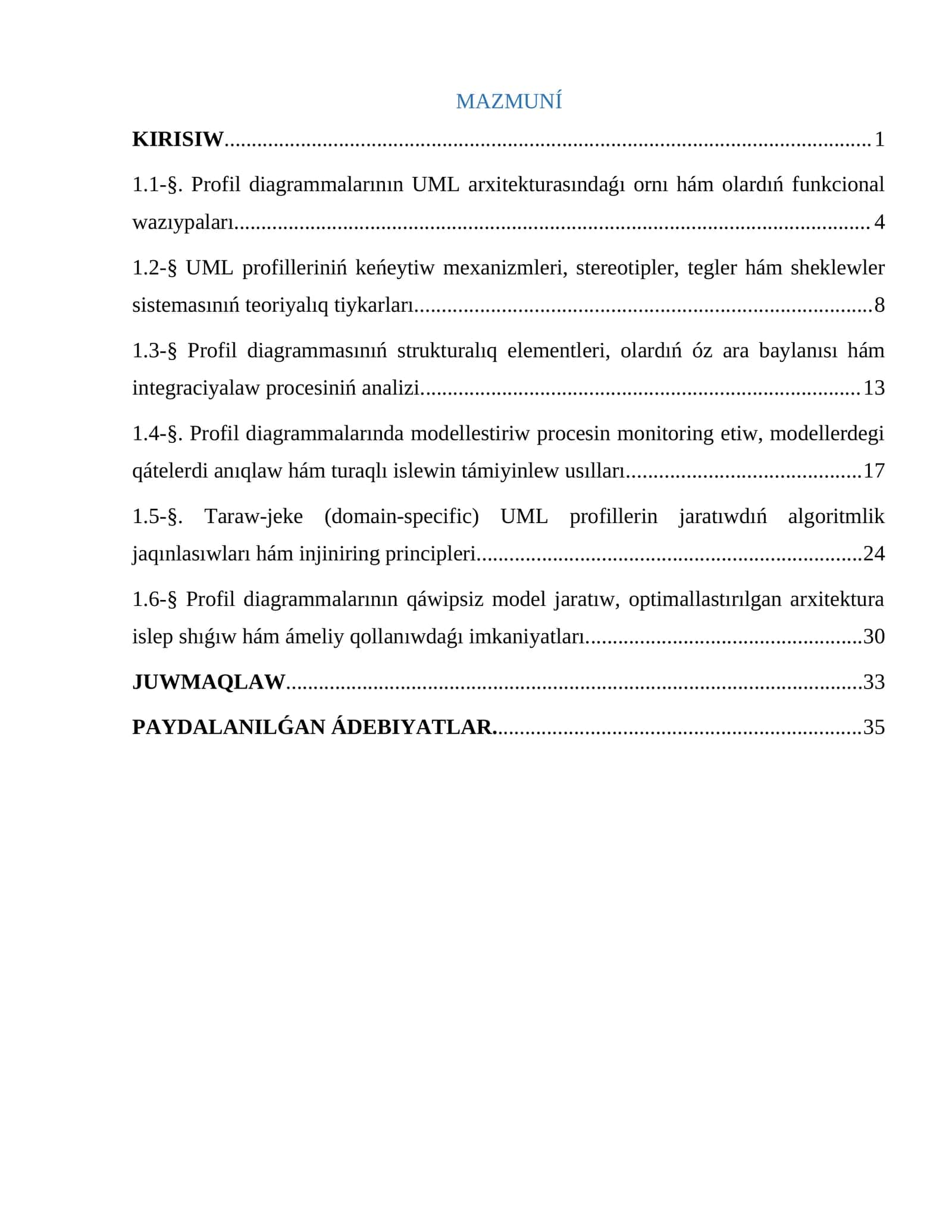 Profil diagrammalarının UML arxitekturasındaǵı ornı hám olardıń funkcional wazıypaları 1