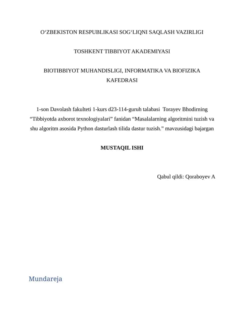 "Masalalarning algoritmini tuzish va shu algoritm asosida Python dasturlash tilida dastur tuzish." 1
