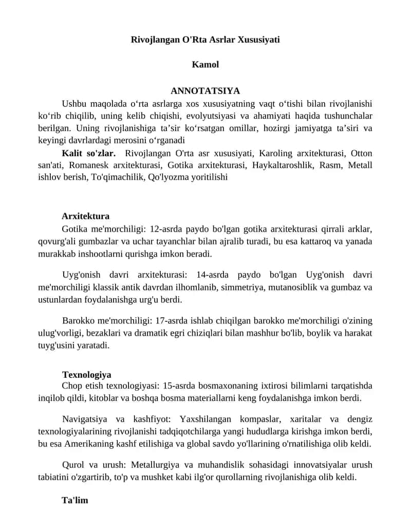 Rivojlangan O'Rta Asrlar Xususiyati 1