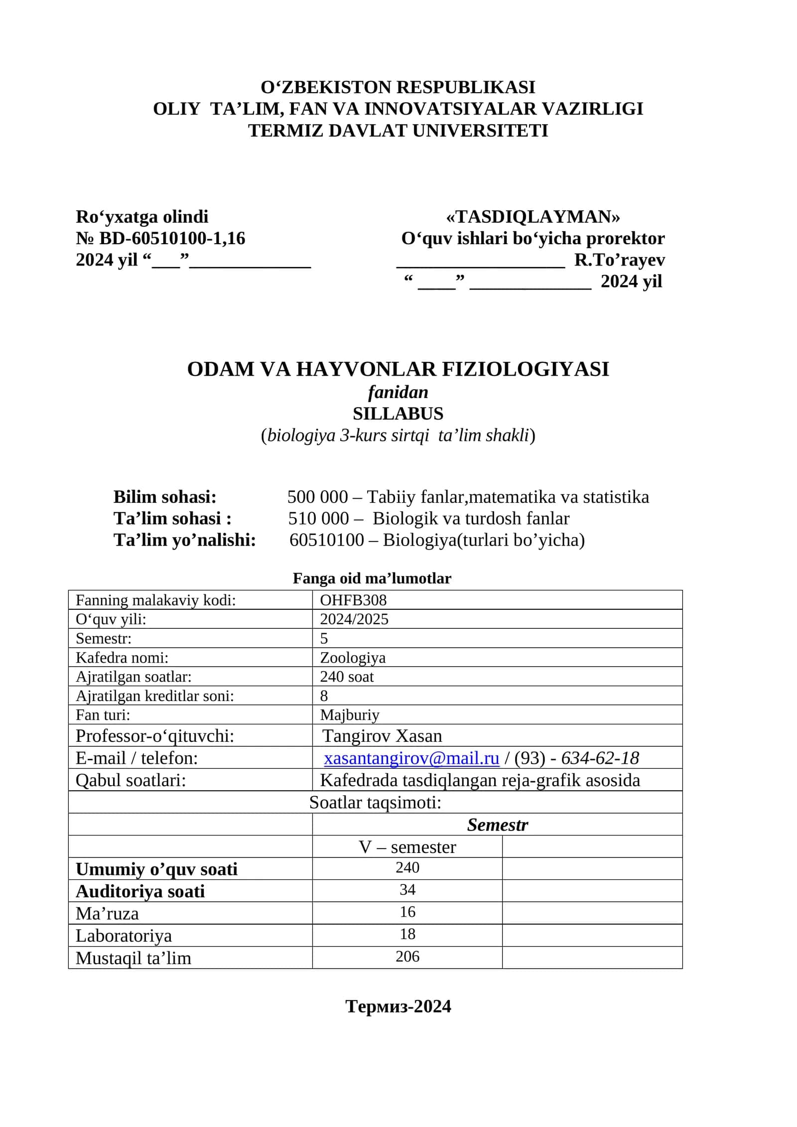 ODAM VA HAYVONLAR FIZIOLOGIYASI SILLABUS 1
