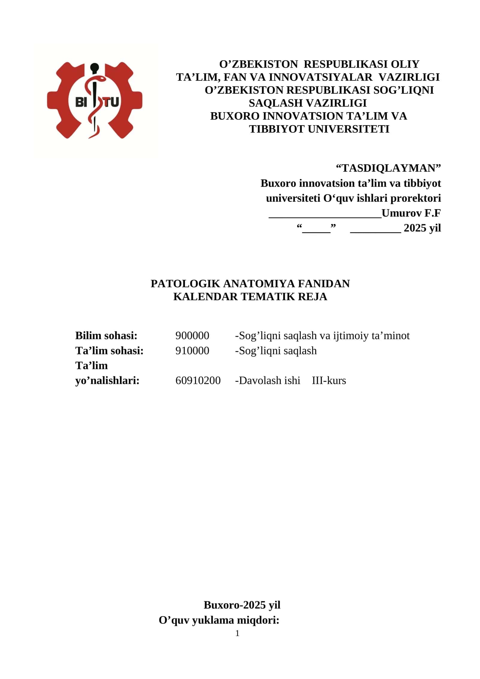 PATOLOGIK ANATOMIYA FANIDAN KALENDAR TEMATIK REJA 1