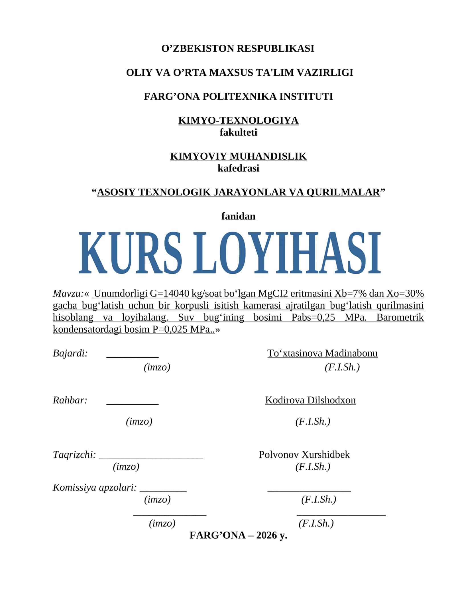 « Unumdorligi G=14040 kg/soat bo‘lgan MgCI2 eritmasini Xb=7% dan Xo=30% gacha bug‘latish uchun bir korpusli isitish kamerasi ajratilgan bug‘latish qurilmasini hisoblang va loyihalang. Suv bug‘ining bosimi Pabs=0,25 MPa. Barometrik kondensatordagi bosim P=0,025 MPa..» 1