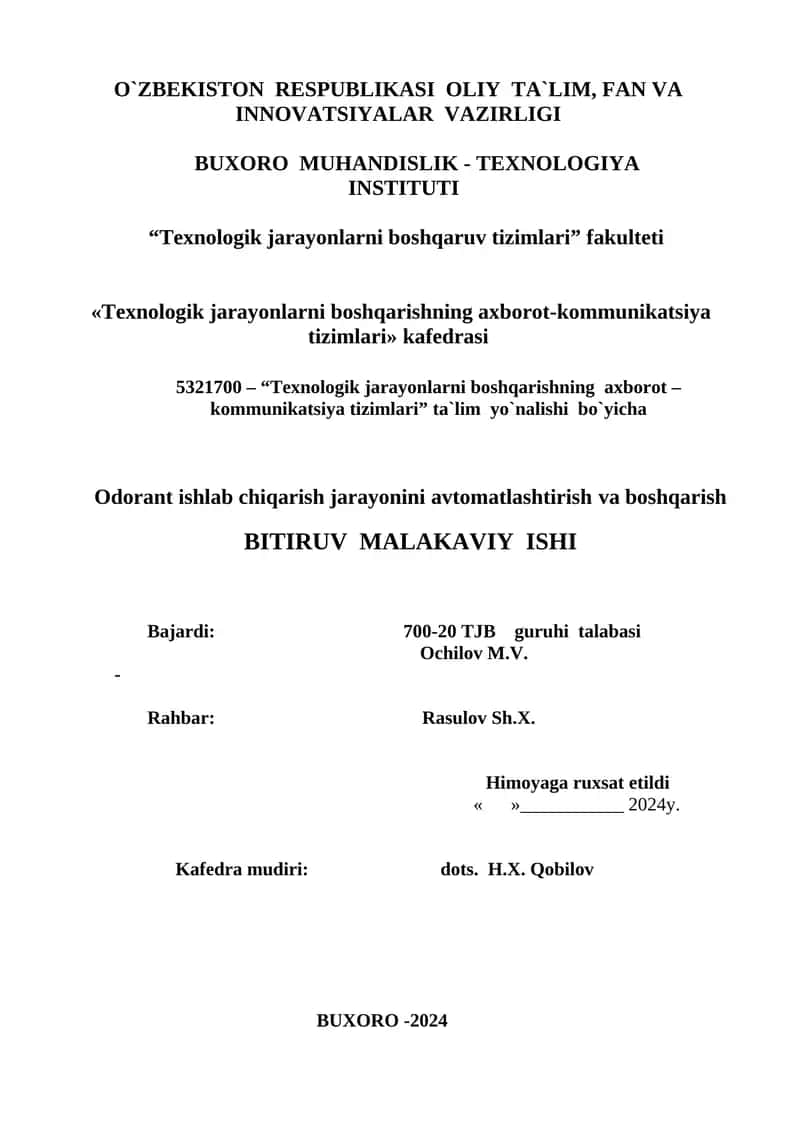 Odorant ishlab chiqarish jarayonini avtomatlashtirish va boshqarish 1