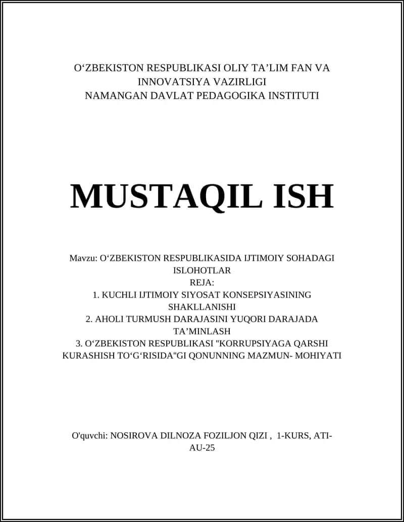 OʻZBEKISTON RESPUBLIKASIDA IJTIMOIY SOHADAGI ISLOHOTLAR 1