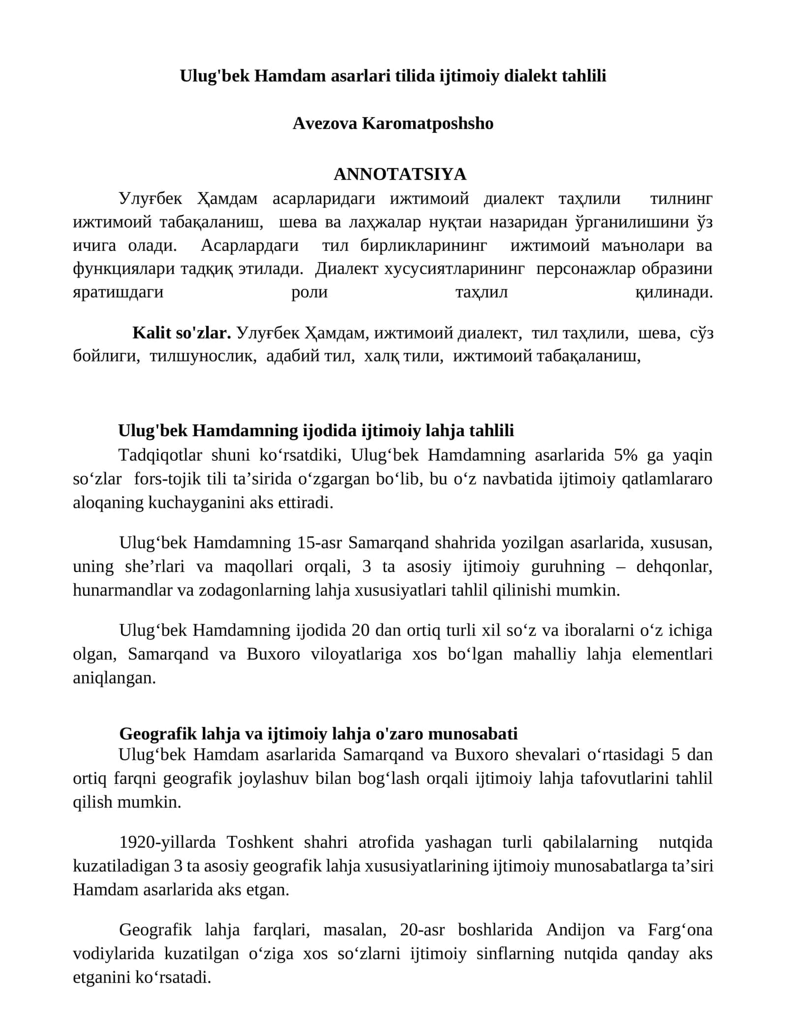 Ulug'bek Hamdam asarlari tilida ijtimoiy dialekt tahlili 1