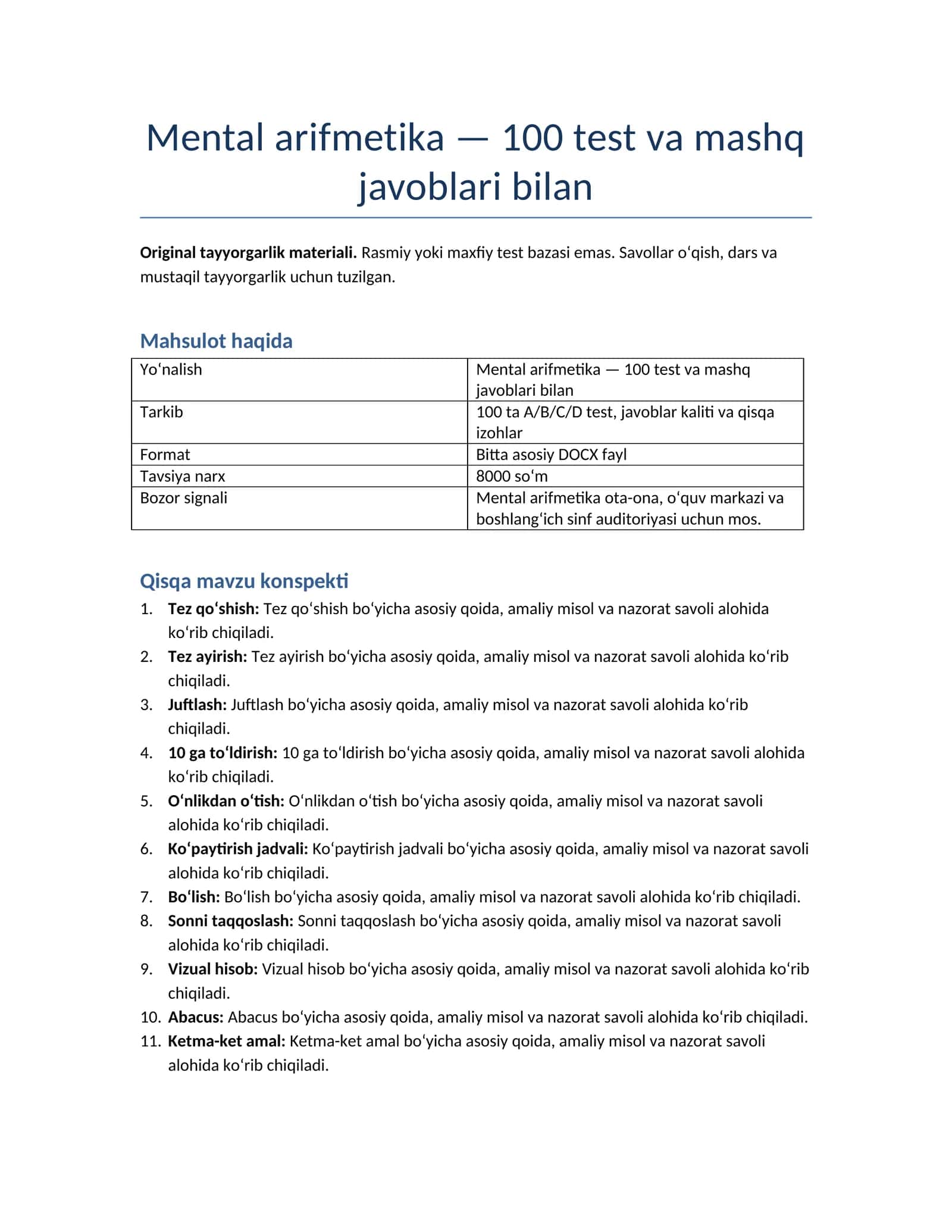 Mental arifmetika — 100 test va mashq javoblari bilan 1