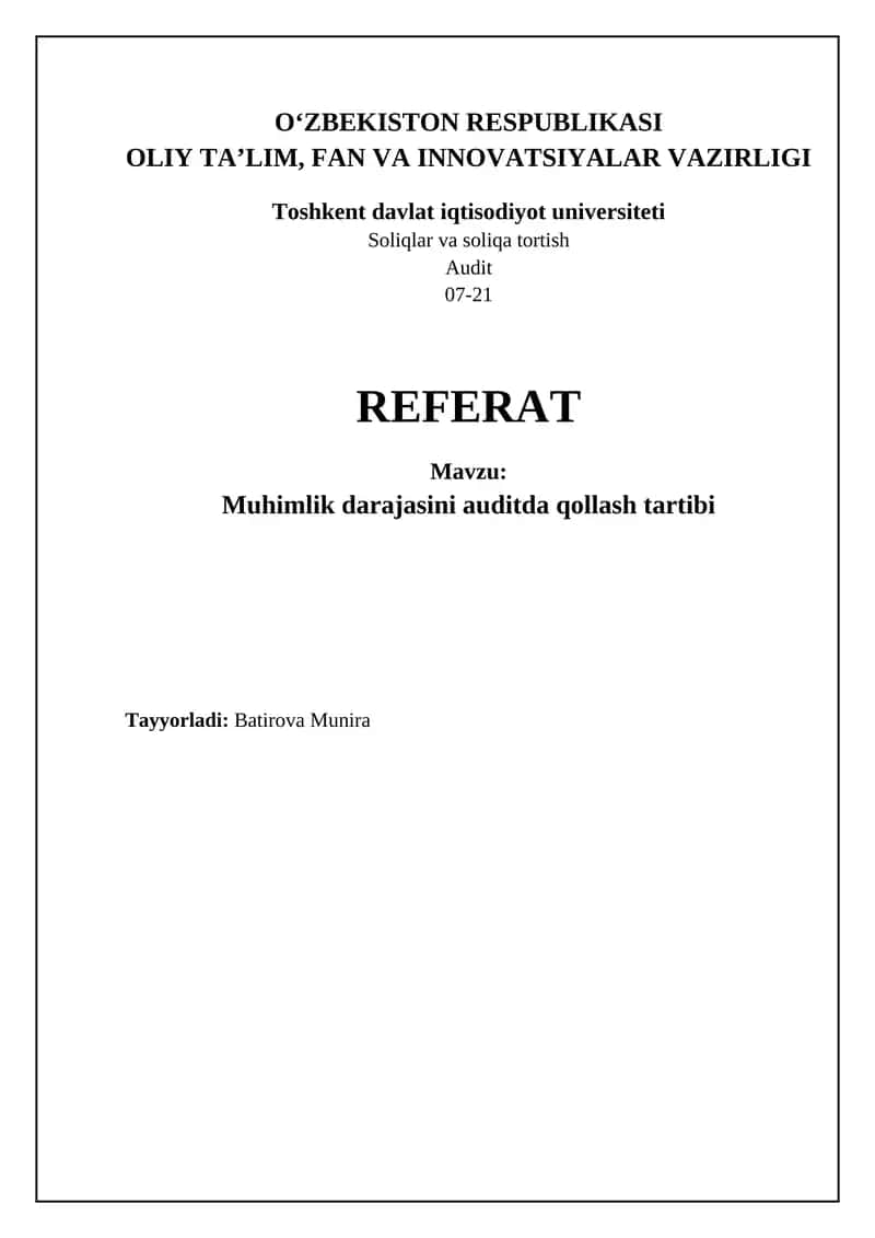 Muhimlik darajasini auditda qollash tartibi 1