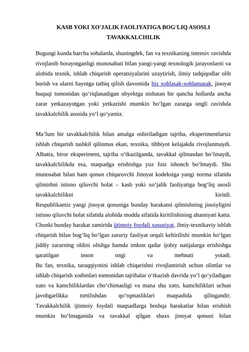 KASB YOKI XO'JALIK FAOLIYATIGA BOG'LIQ ASOSLI TAVAKKALCHILIK 1