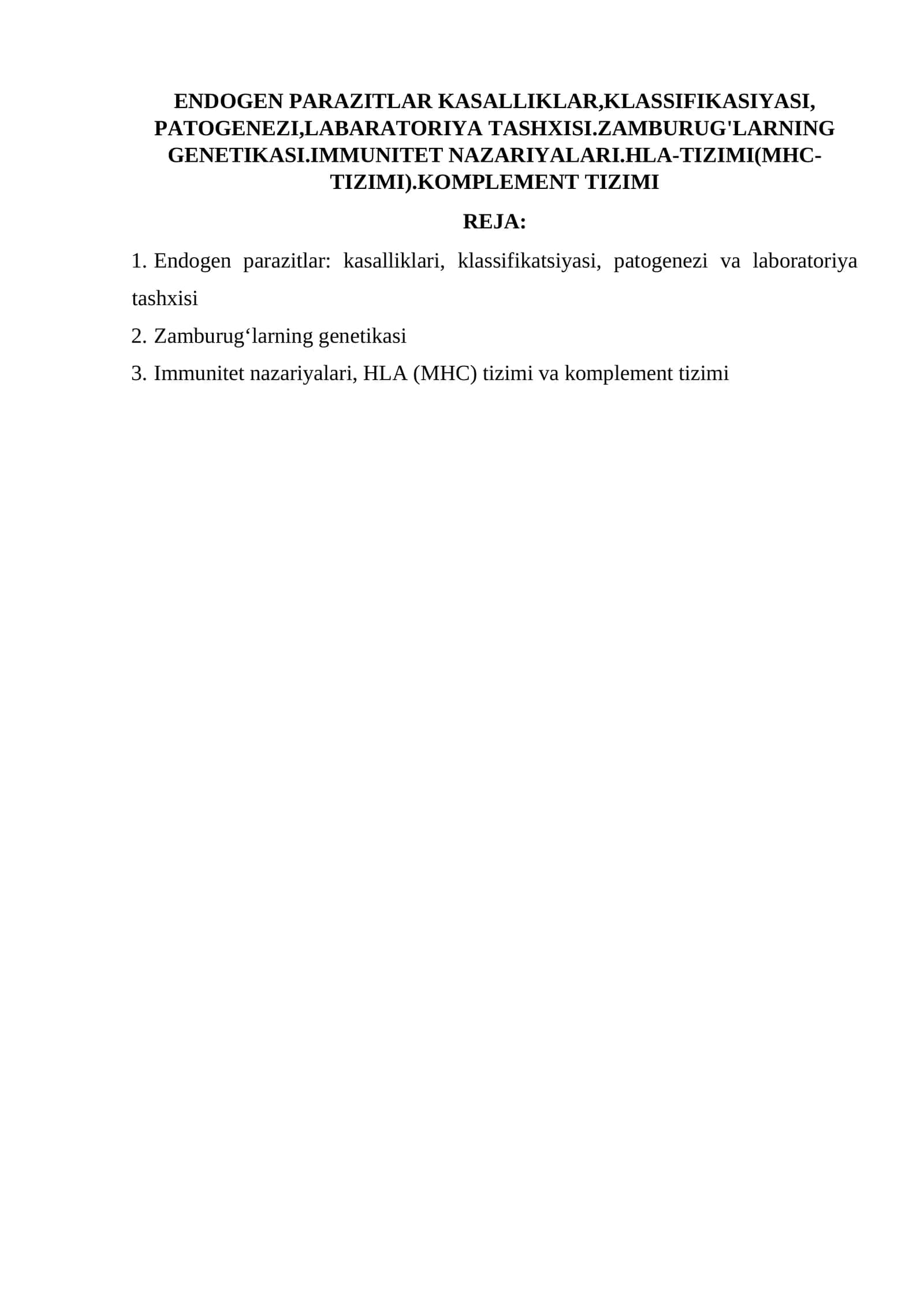 Endogen parazitlar: kasalliklari, klassifikatsiyasi, patogenezi va laboratoriya tashxisi 1