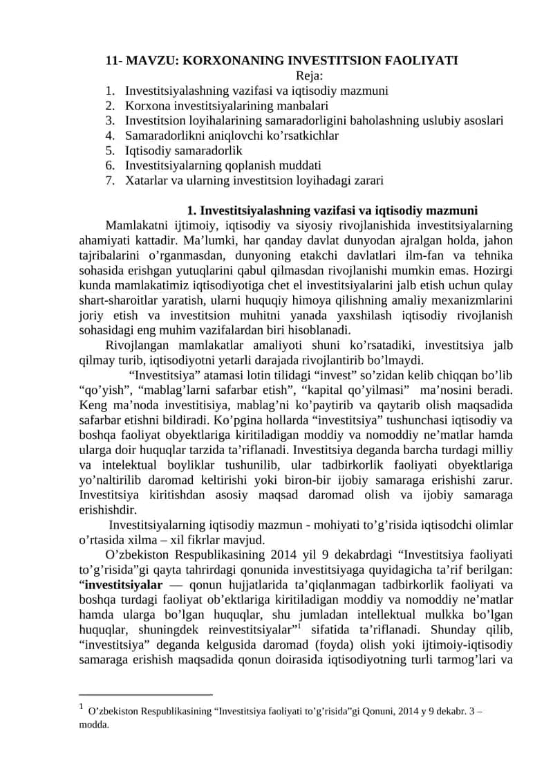KORXONANING INVESTITSION FAOLIYATI 1