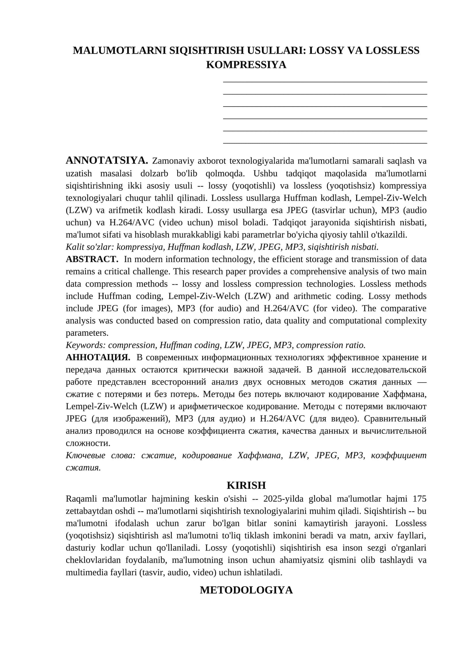 MALUMOTLARNI SIQISHTIRISH USULLARI: LOSSY VA LOSSLESS KOMPRESSIYA. MAQOLA 1