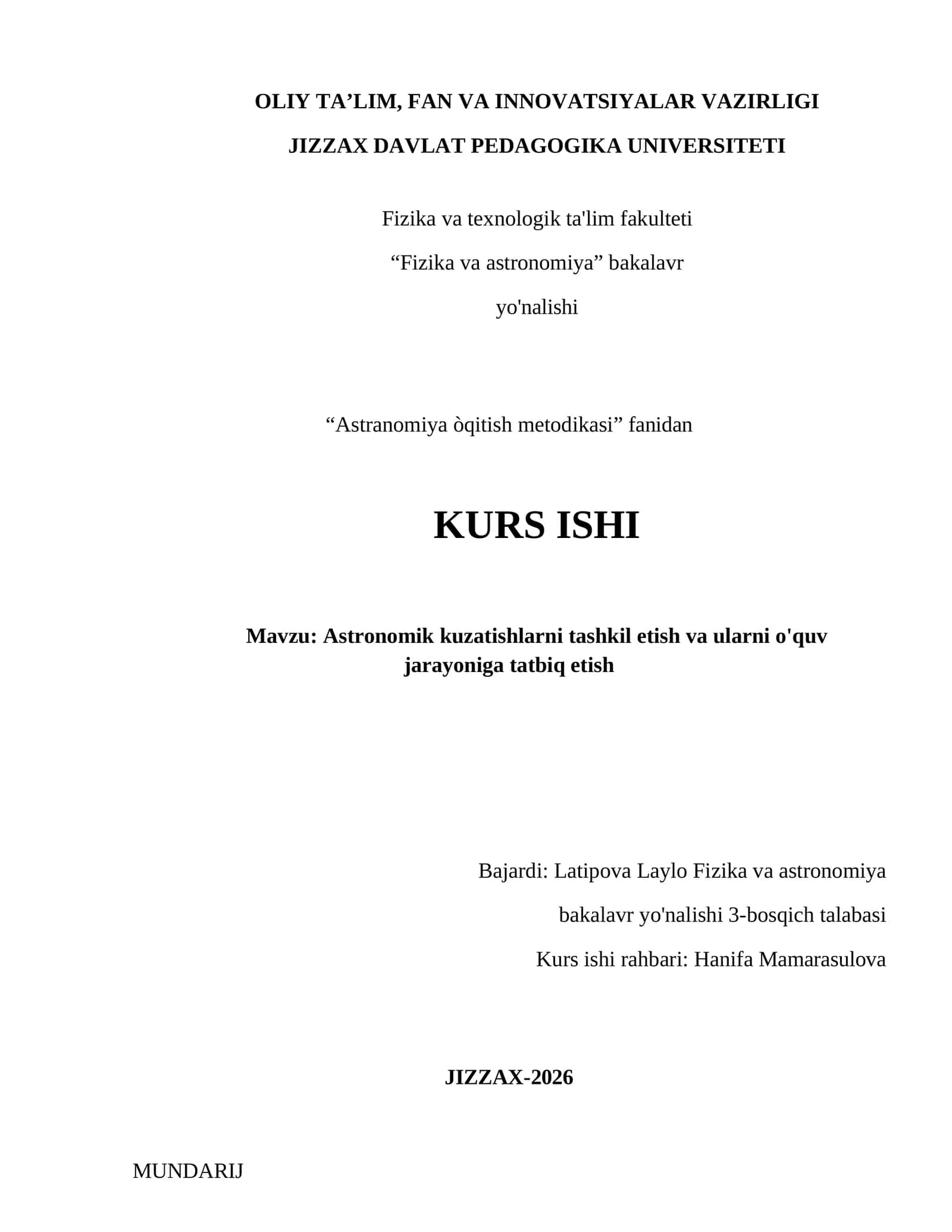 Astronomik kuzatishlarni tashkil etish va ularni o'quv jarayoniga tatbiq etish 1