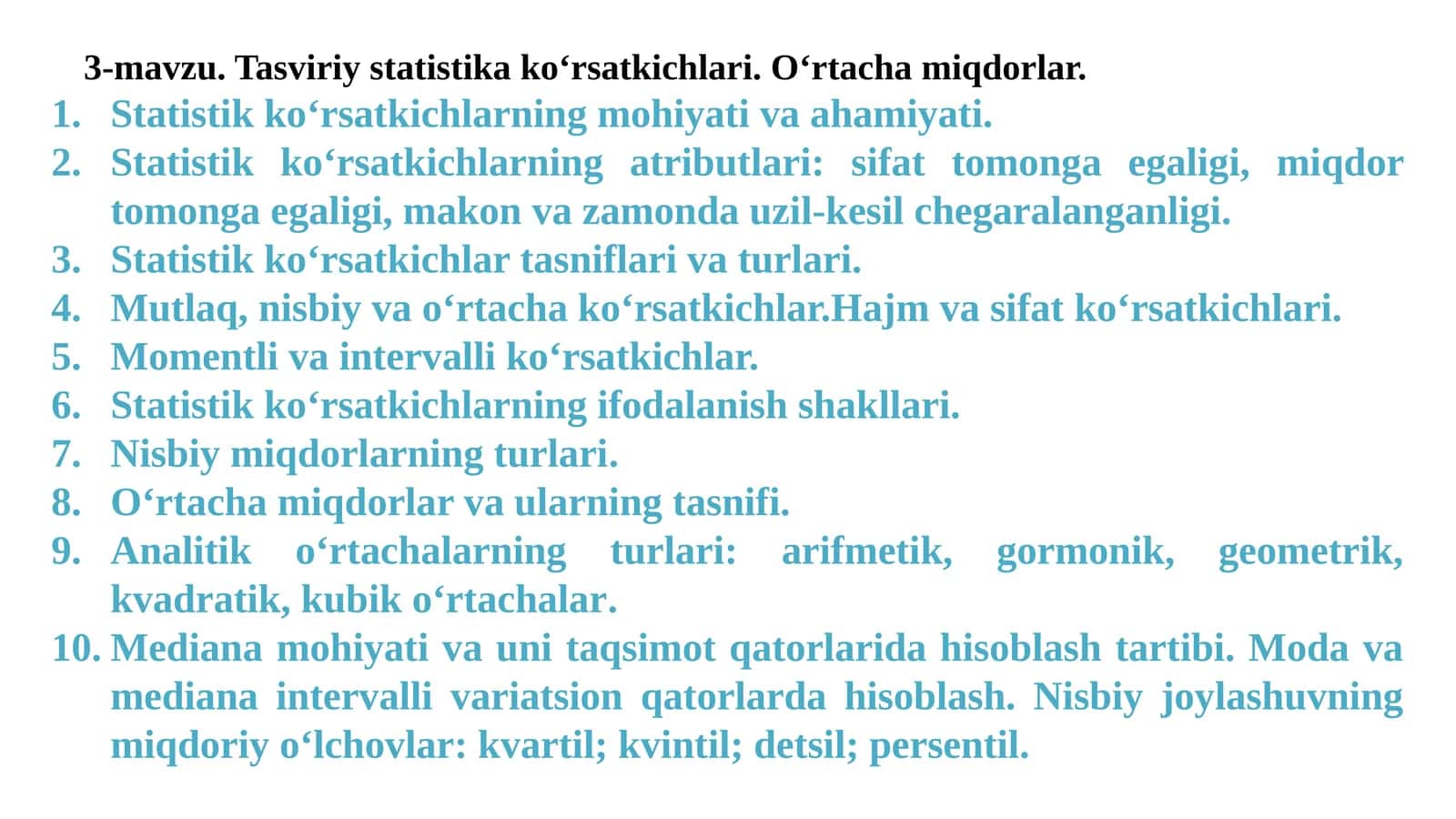 Tasviriy statistika ko‘rsatkichlari. O‘rtacha miqdorlar 1