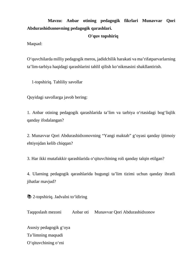 Anbar otining pedagogik fikrlari Munavvar Qori Abdurashidxonovning pedagogik qarashlari 1