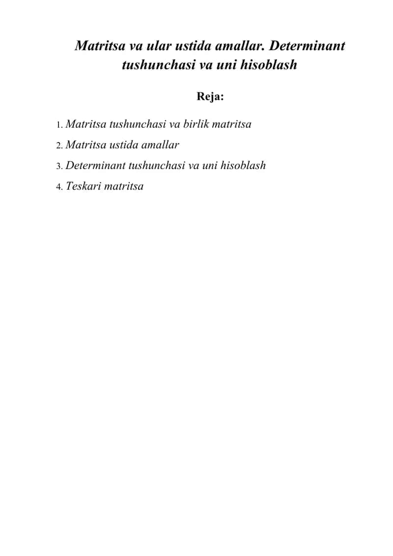 Matritsa va ular ustida amallar. Determinant tushunchasi va uni hisoblash. 1