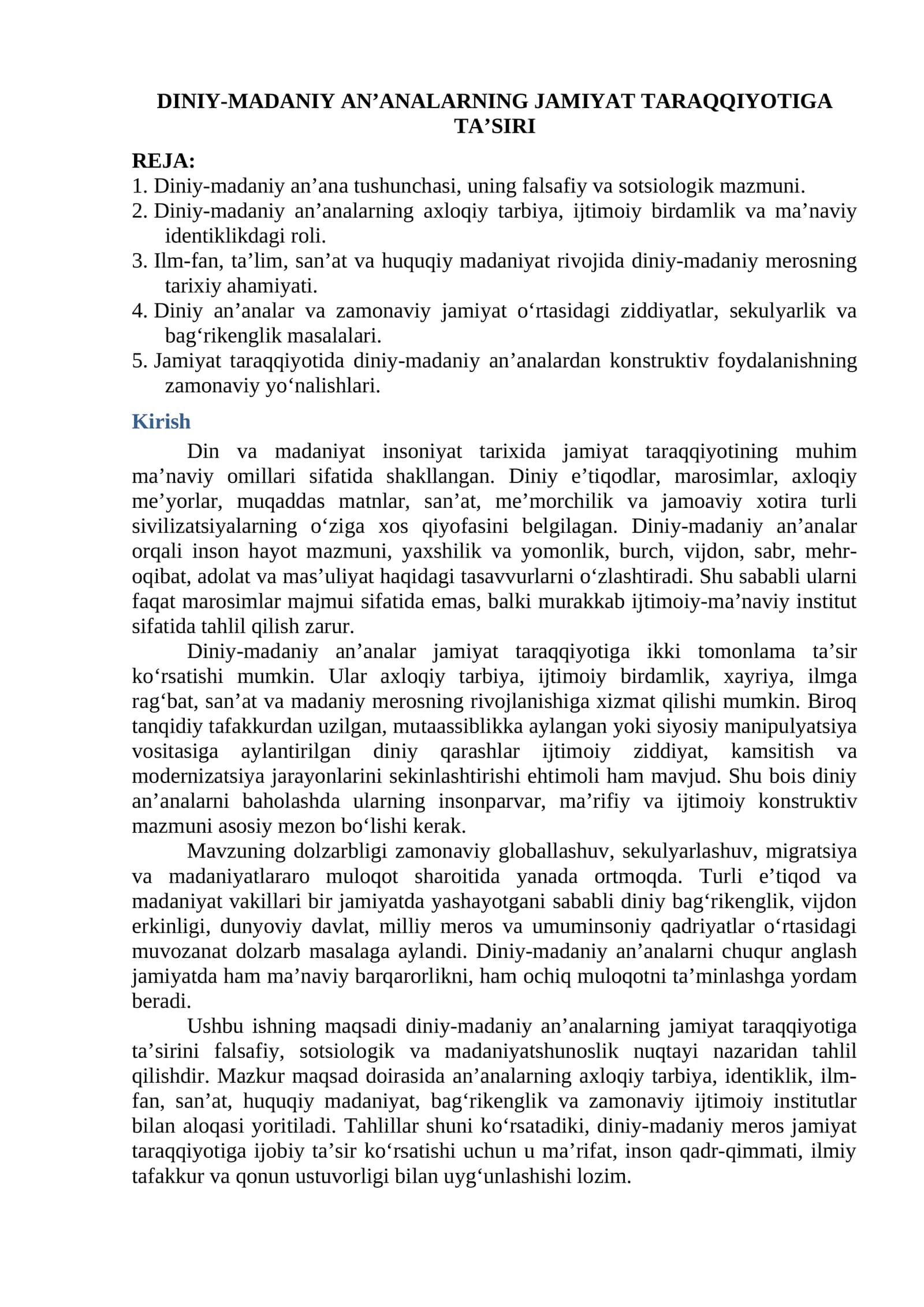 DINIY-MADANIY AN’ANALARNING JAMIYAT TARAQQIYOTIGA TA’SIRI 1