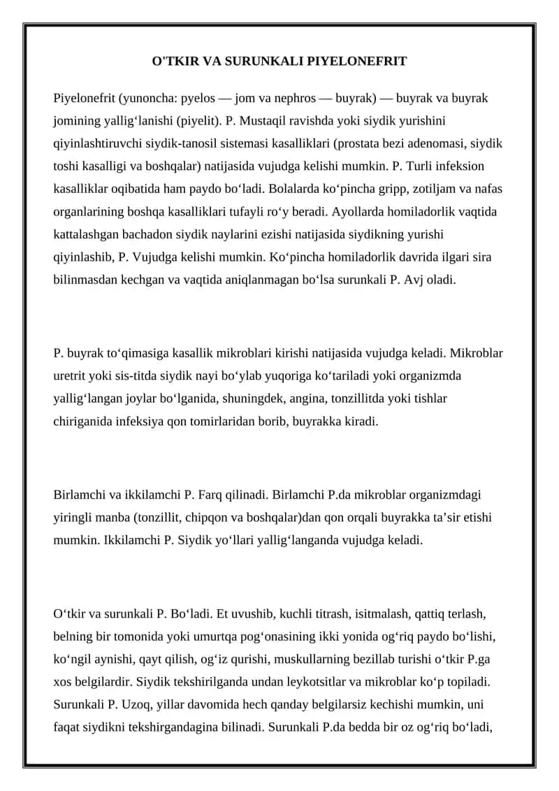 O'TKIR VA SURUNKALI PIYELONEFRIT 1