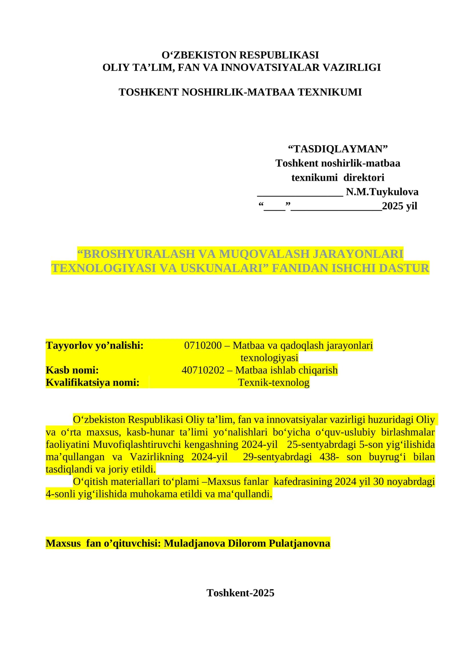 BROSHYURALASH VA MUQOVALASH JARAYONLARI TEXNOLOGIYASI VA USKUNALARI FANIDAN ISHCHI DASTUR 1