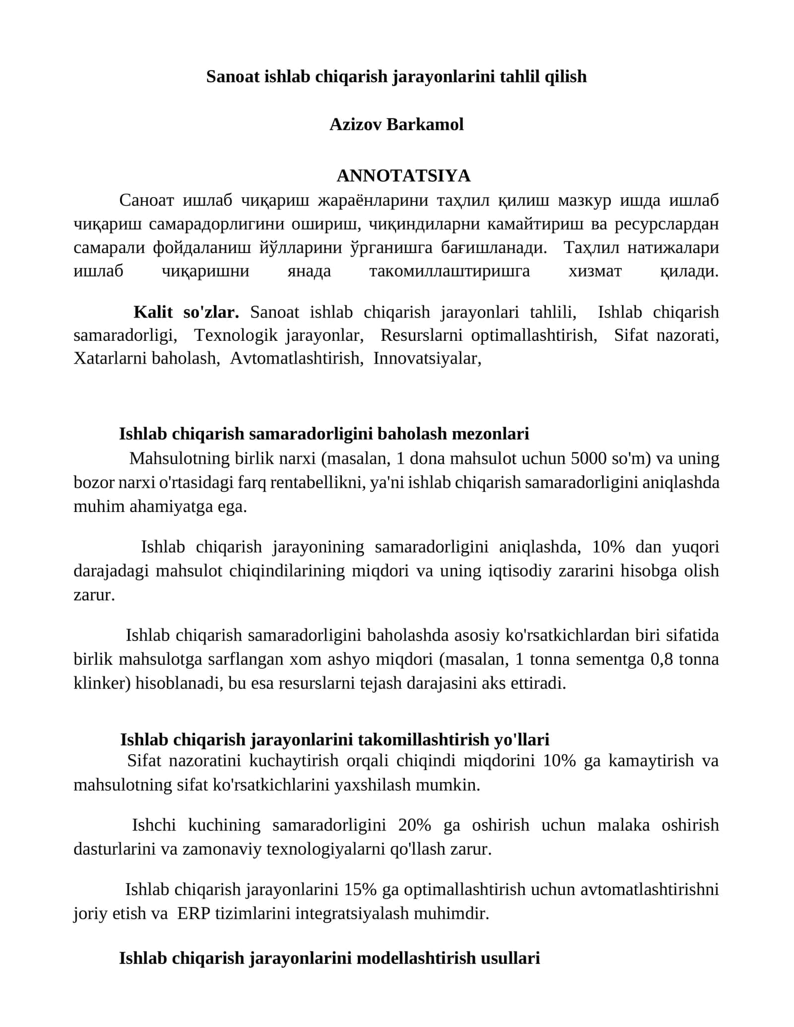 Sanoat ishlab chiqarish jarayonlarini tahlil qilish 1