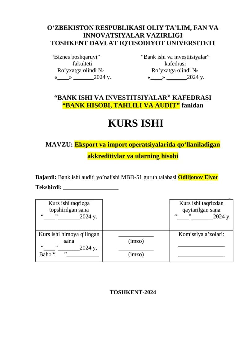 Eksport va import operatsiyalarida qoʻllaniladigan akkreditivlar va ularning hisobi 1