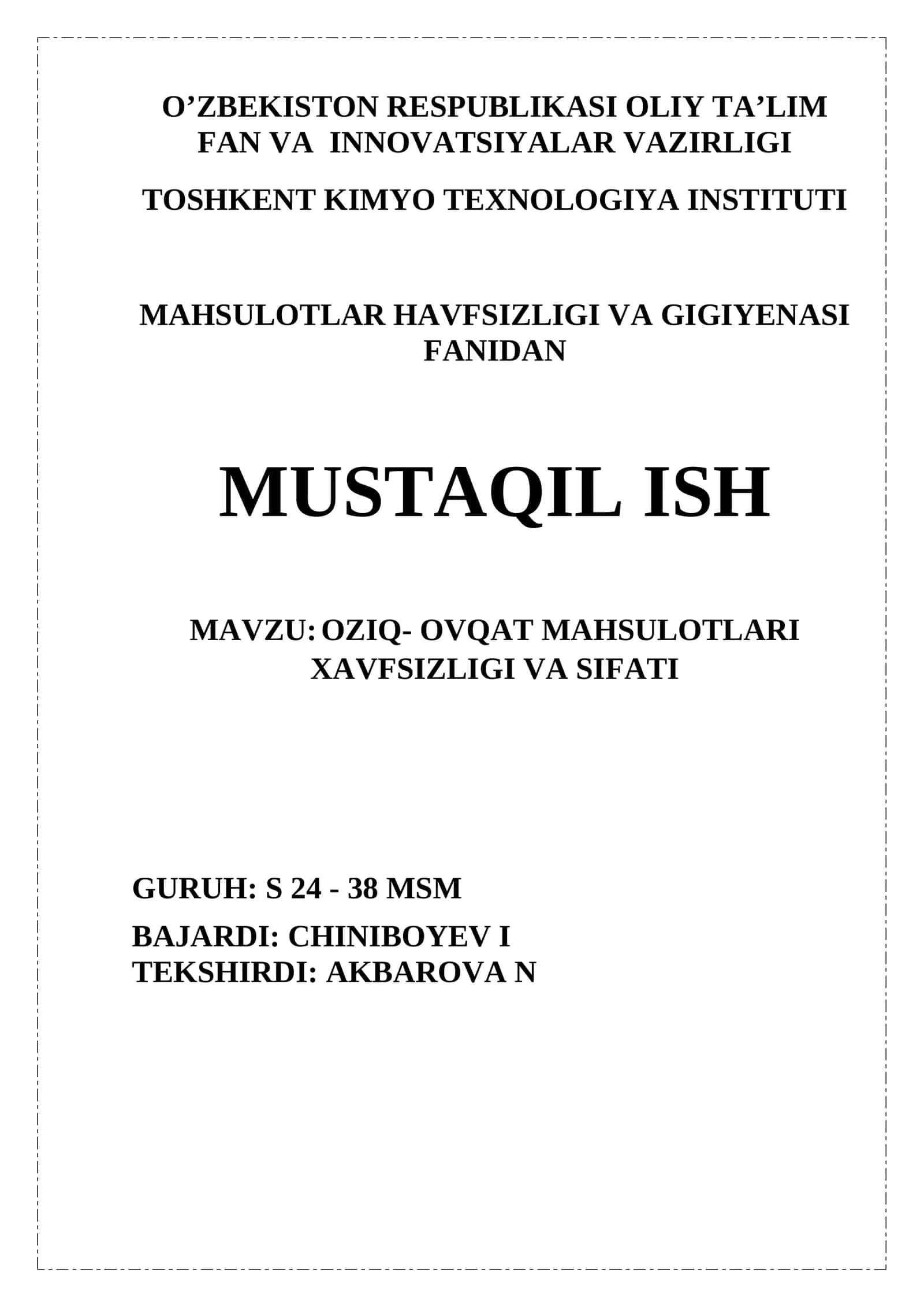 Oziq ovqat mahsulotlari xavfsizligi va sifati. 1