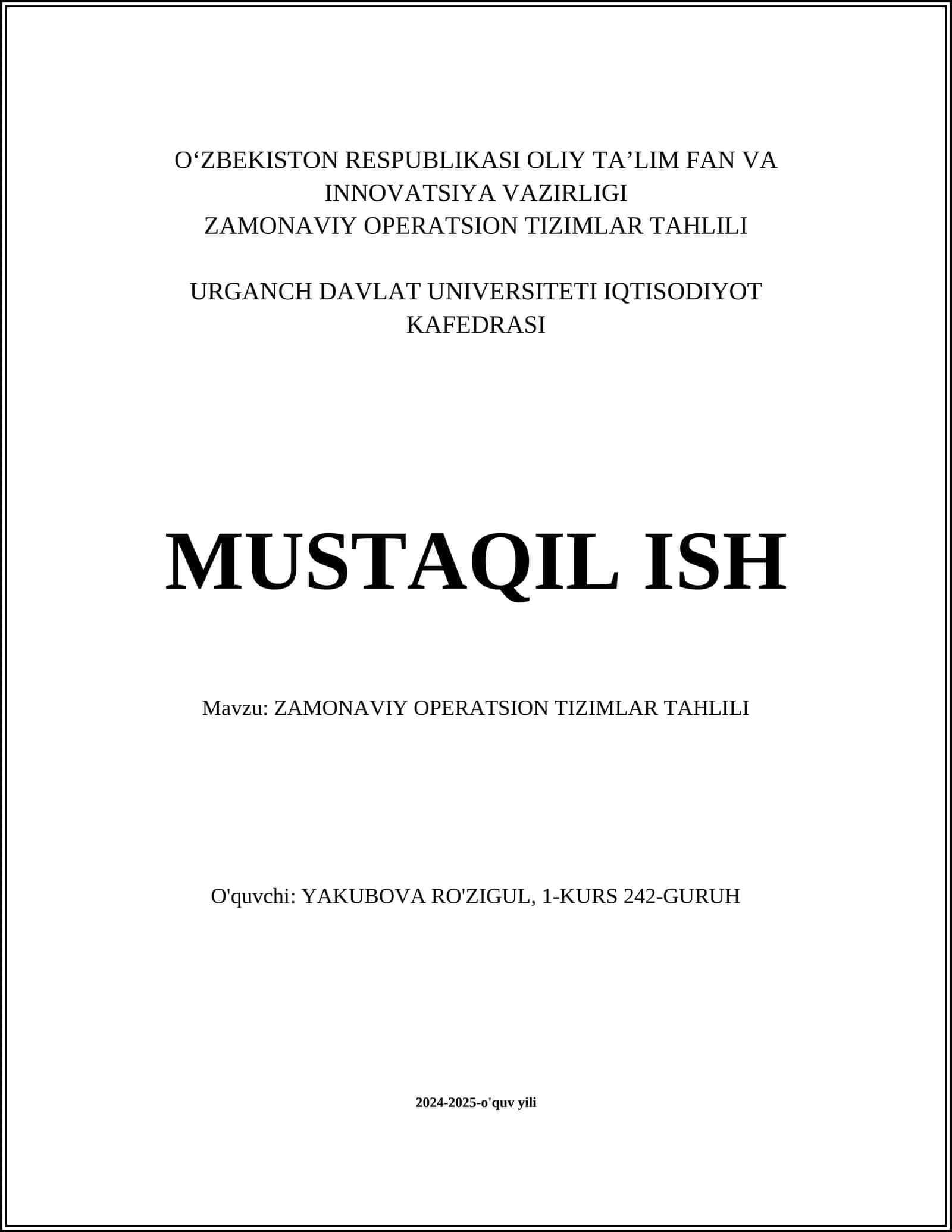 ZAMONAVIY OPERATSION TIZIMLAR TAHLILI 1
