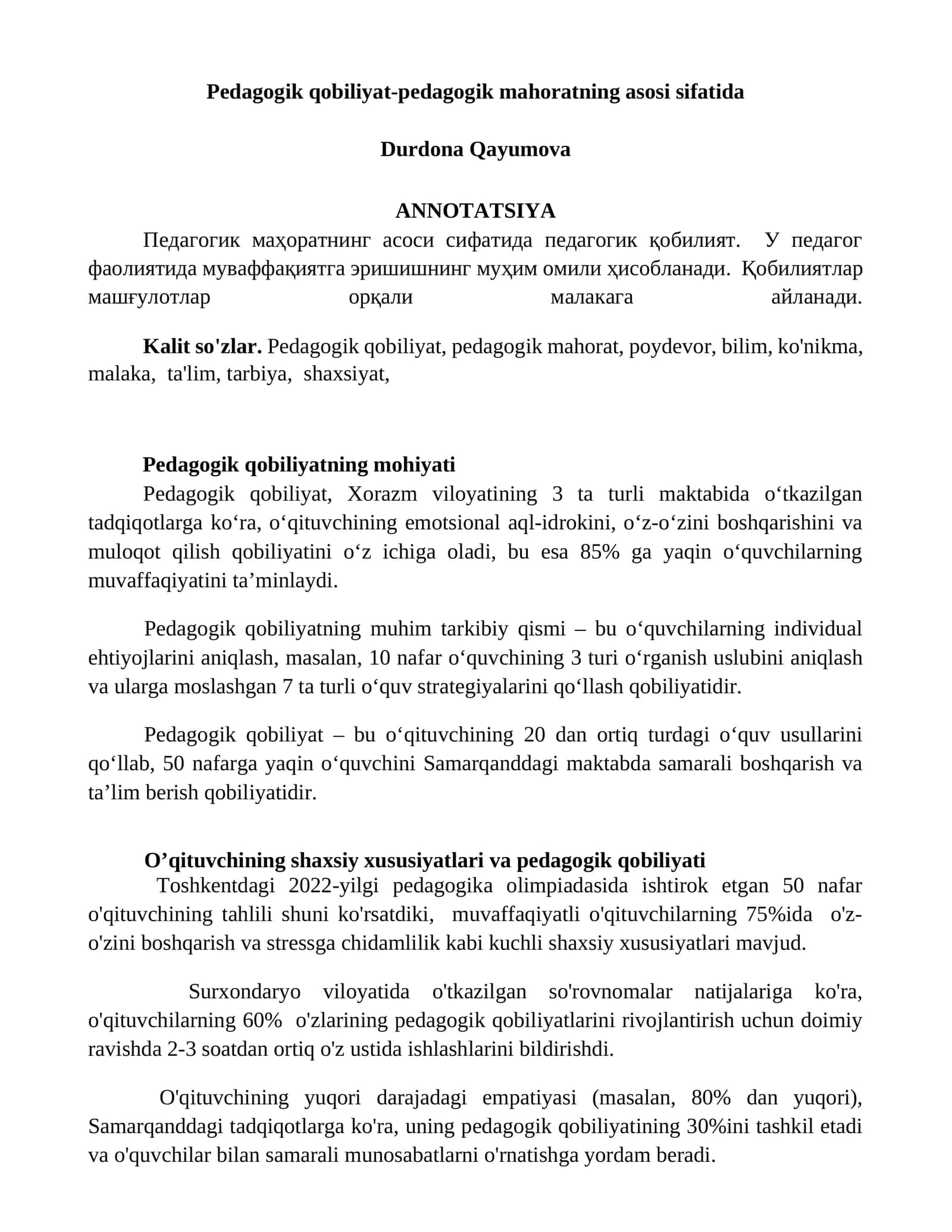 Pedagogik qobiliyat-pedagogik mahoratning asosi sifatida 1