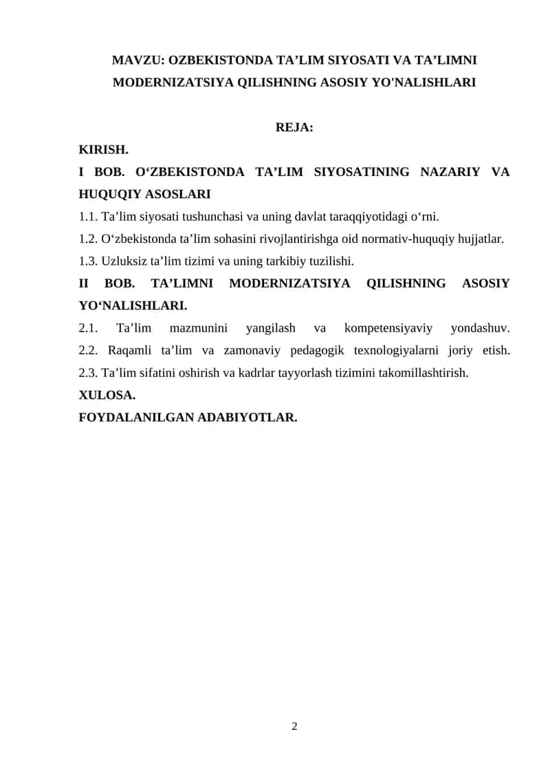 OZBEKISTONDA TA’LIM SIYOSATI VA TA’LIMNI MODERNIZATSIYA QILISHNING ASOSIY YO'NALISHLARI 1