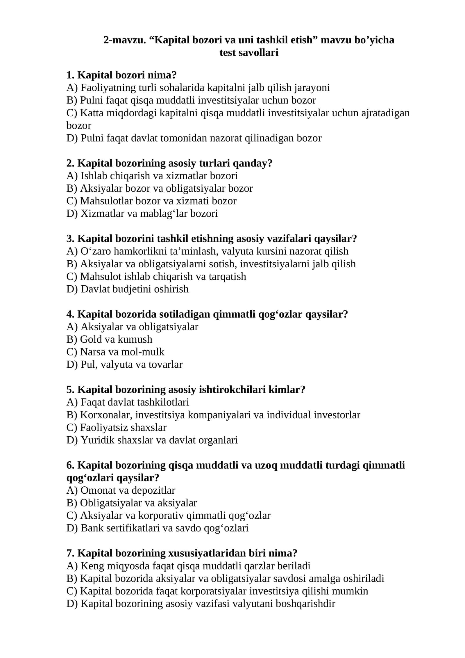 Kapital bozori va uni tashkil etish test savollari 1