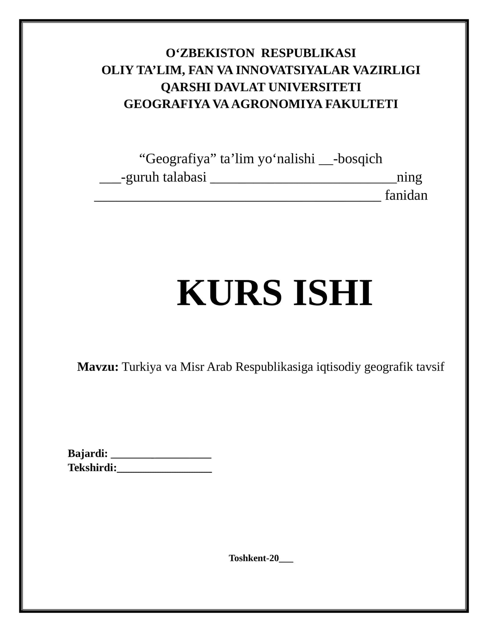 Turkiya va Misr Arab Respublikasiga iqtisodiy geografik tavsif 1
