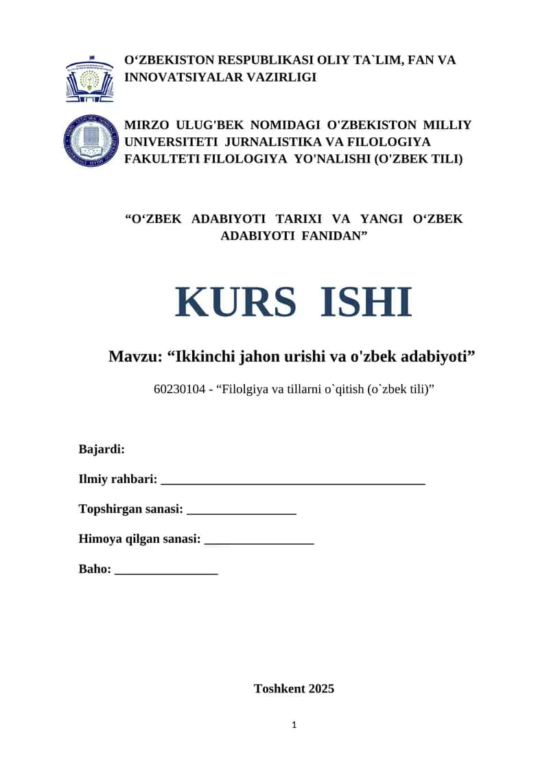 Ikkinchi jahon urishi va o'zbek adabiyoti 1