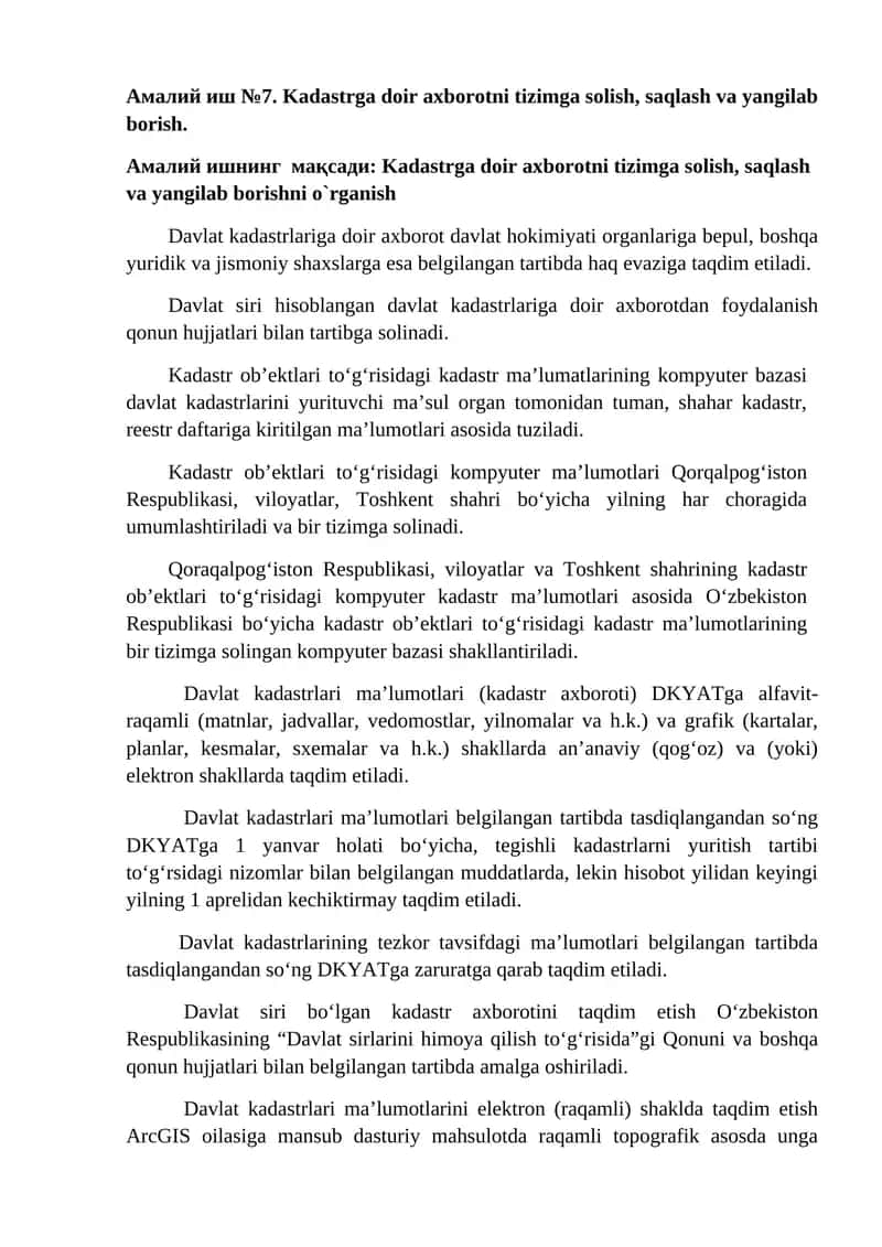 Амалий иш №7. Kadastrga doir axborotni tizimga solish, saqlash va yangilab borish. 1