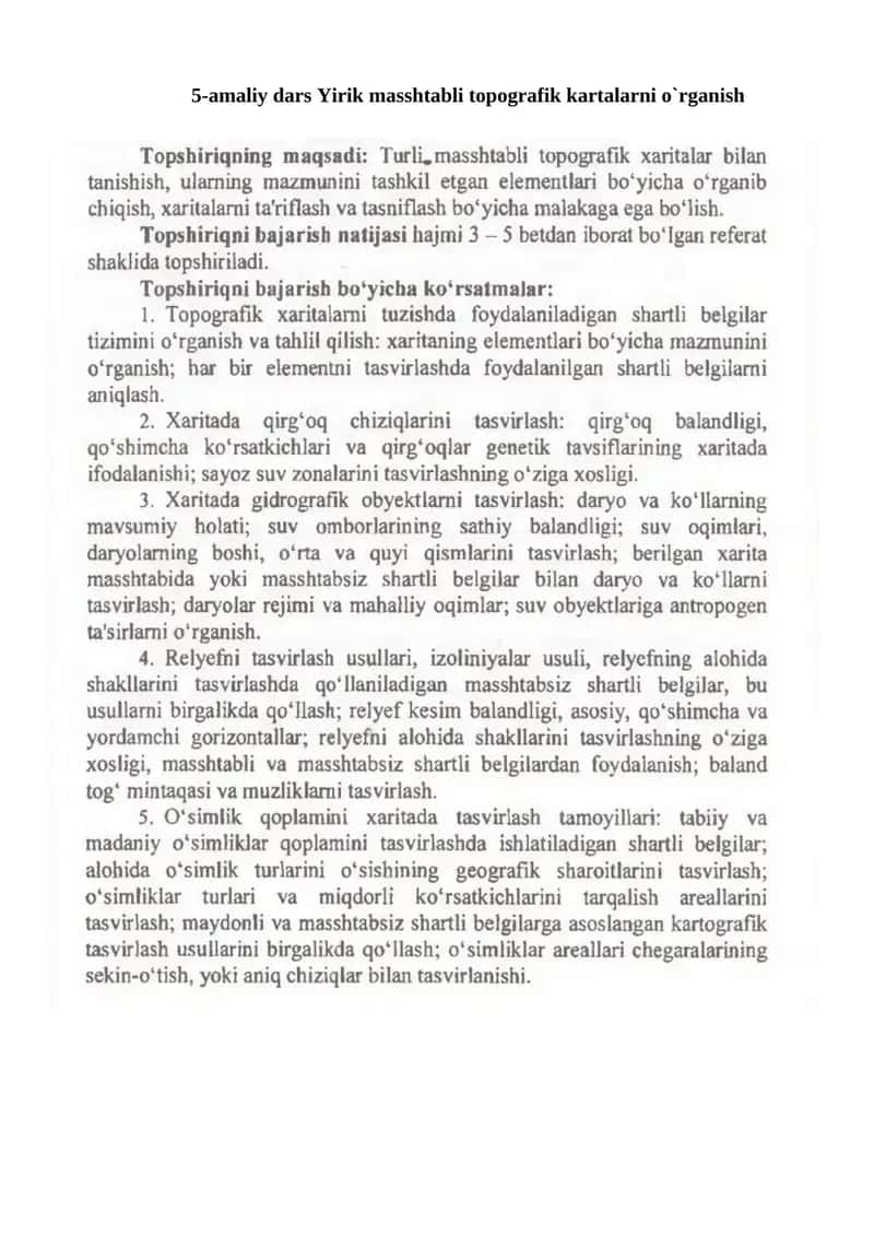 5-amaliy dars Yirik masshtabli topografik kartalarni o`rganish 1