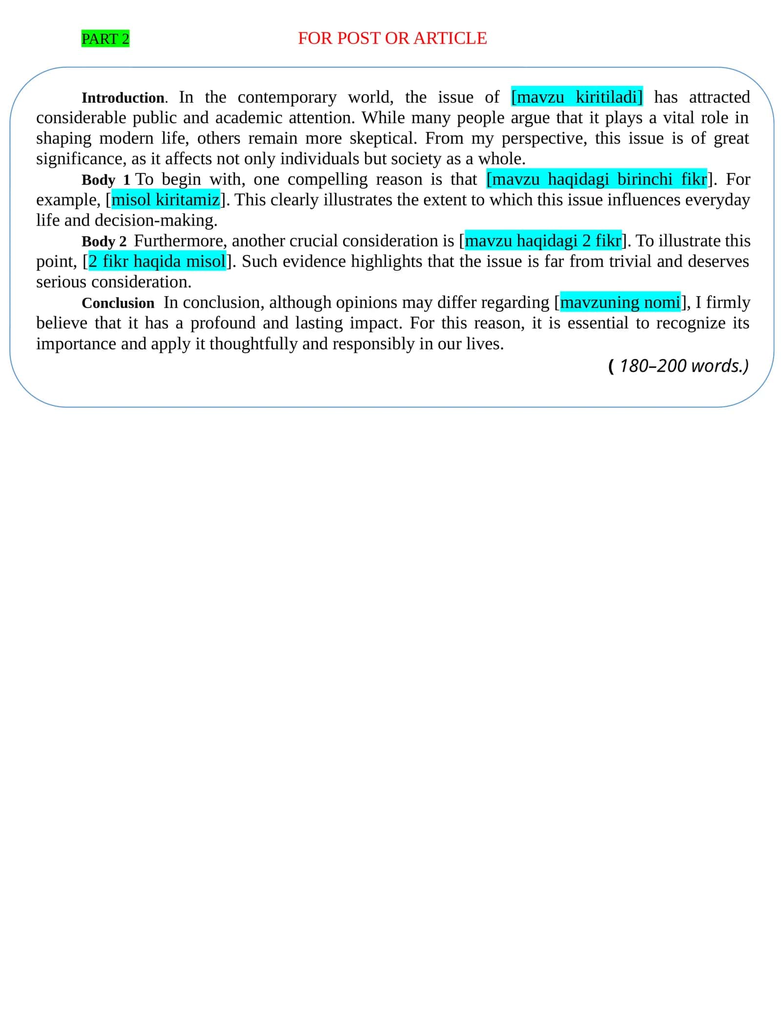 writing part 2 tayyor c1 darajada shablon 1