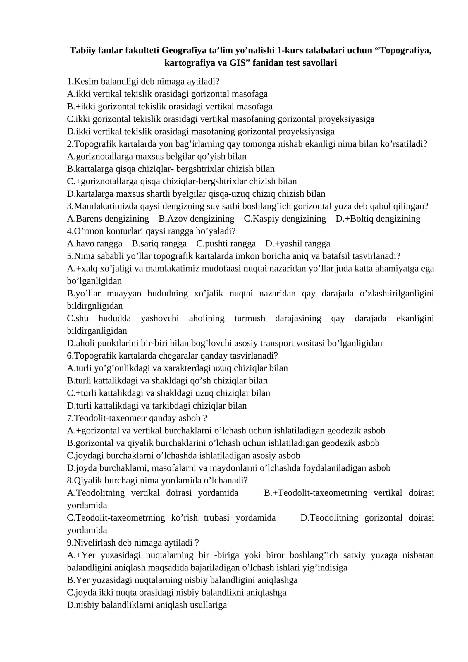 Topografiya, kartografiya va GIS test savollari 1