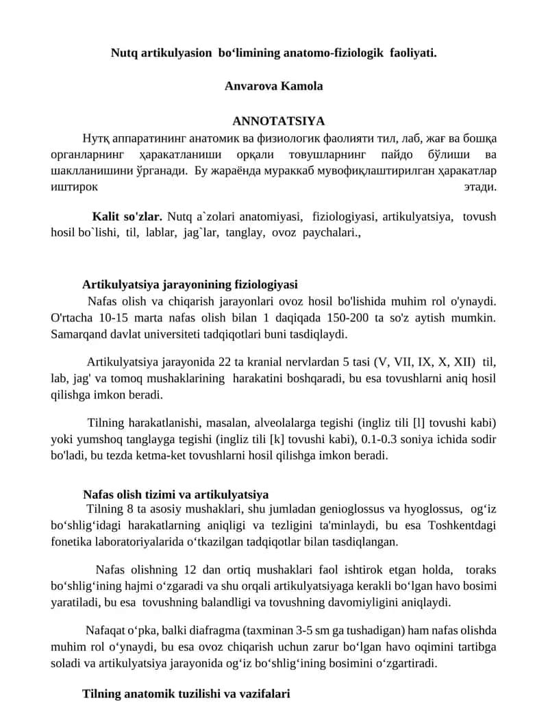 Nutq artikulyasion bo‘limining anatomo-fiziologik faoliyati 1
